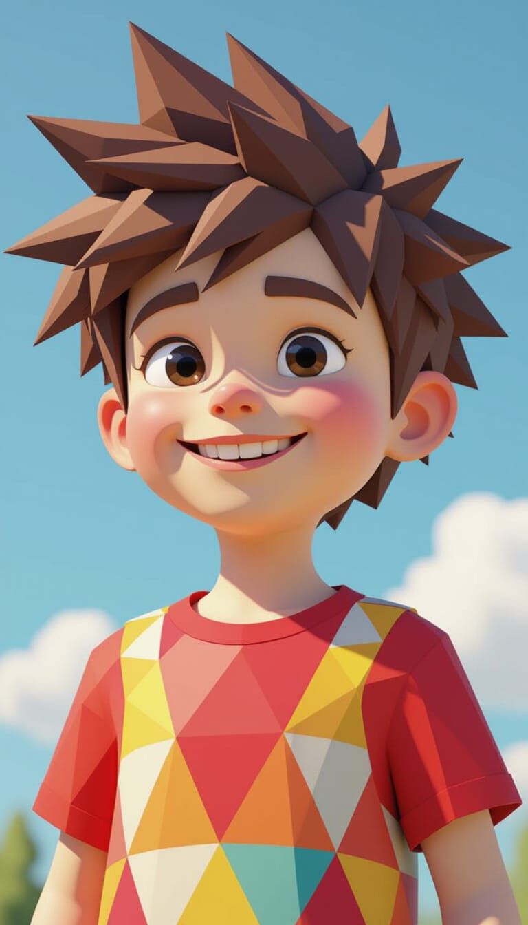 Low Poly 3D Boy with Spiky Hair and Mischievous Grin