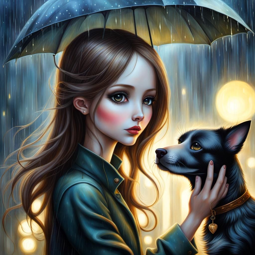 Girl and Dog Walking in Rainy, Mystical Landscape