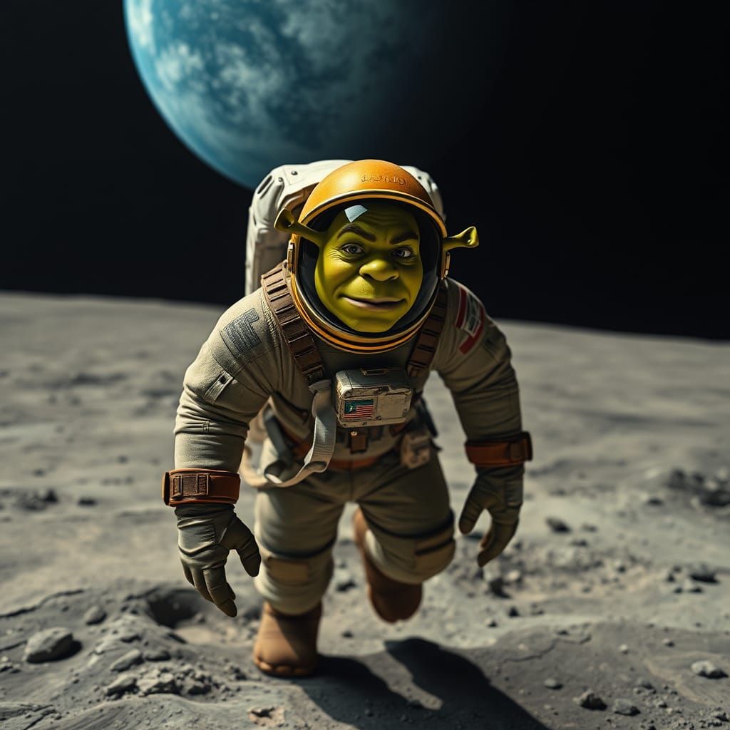 Shrek Takes First Step on Moon in Spacesuit