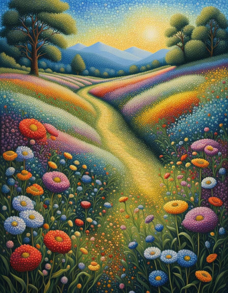 Vibrant Pointillist Wildflower Meadow in Oil