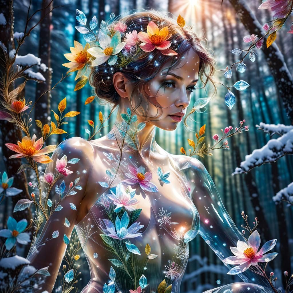 Crystal Woman Silhouette in Snowy Forest Landscape