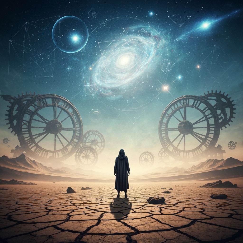 Surreal Desert Sky with Clockwork Remnants