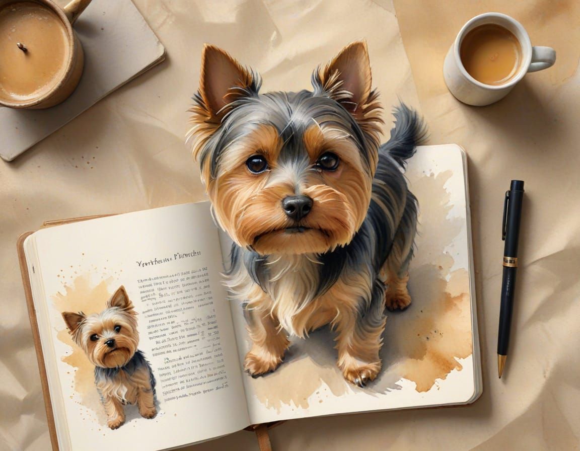 Yorkshire Terrier with Journal in Watercolor Style