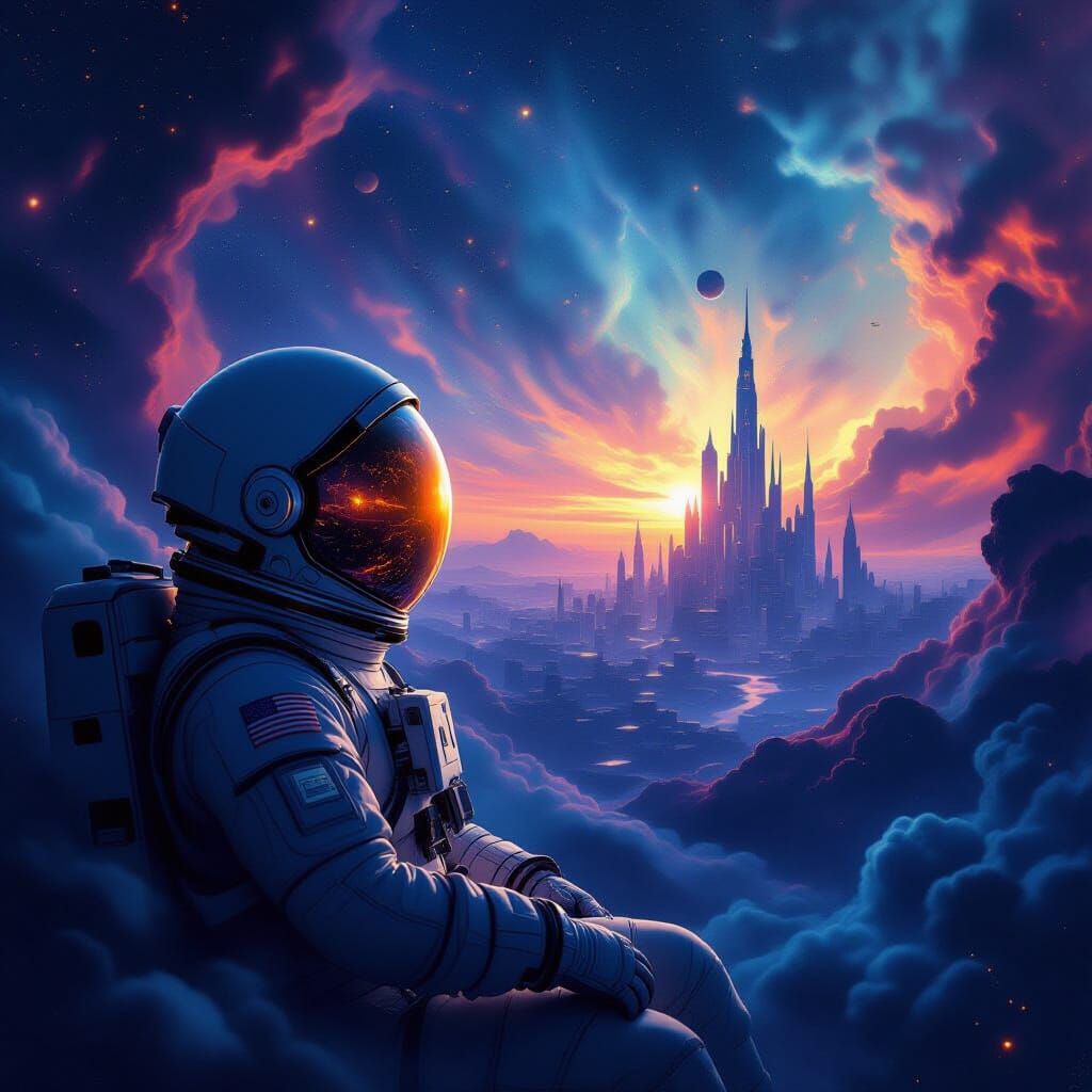 Astronaut Adrift in Cosmic Nebula Reflecting Alien City