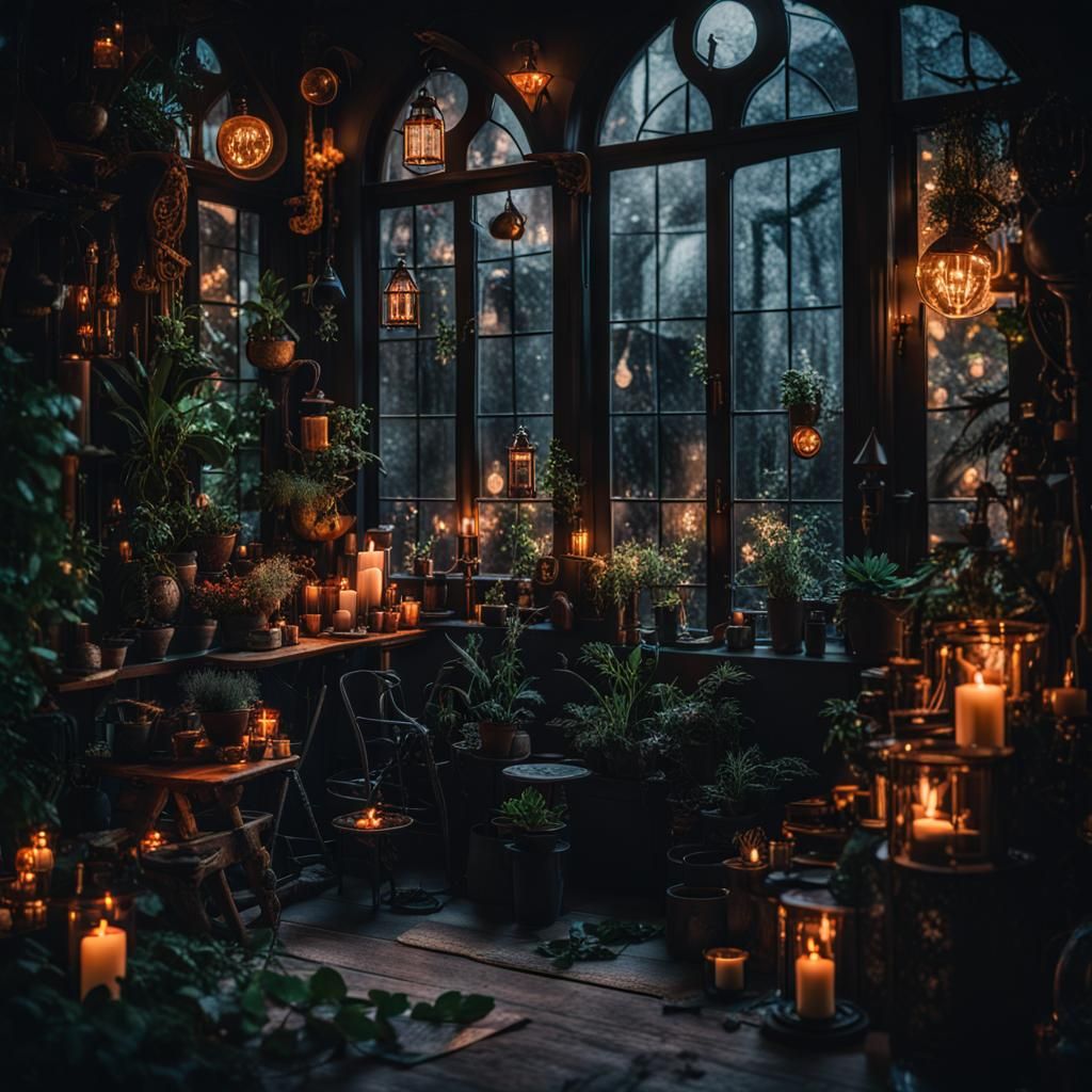 Cozy Witchy Balcony in Gothic Art Nouveau Style
