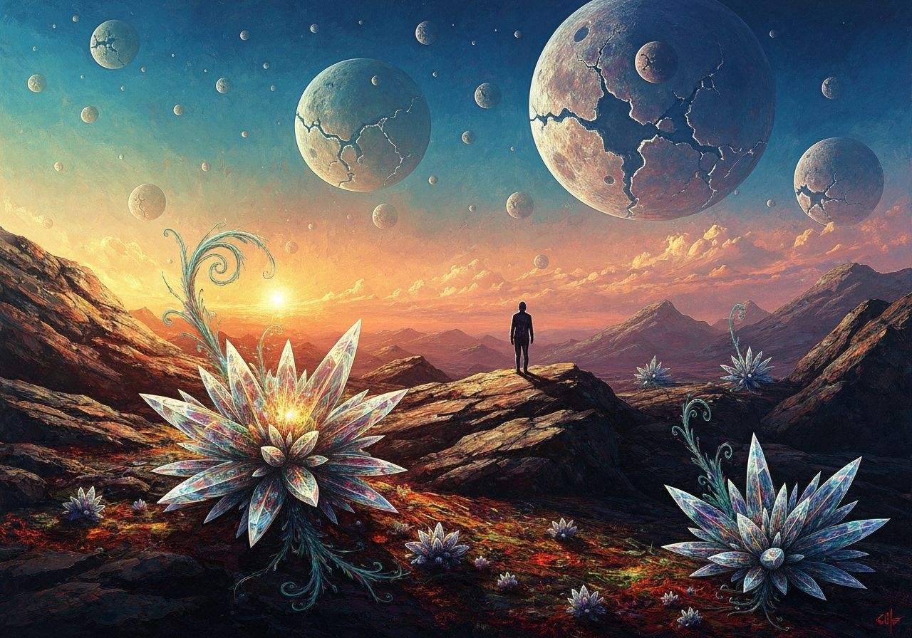 Lone Figure on Alien Landscape Under Shattered Moons