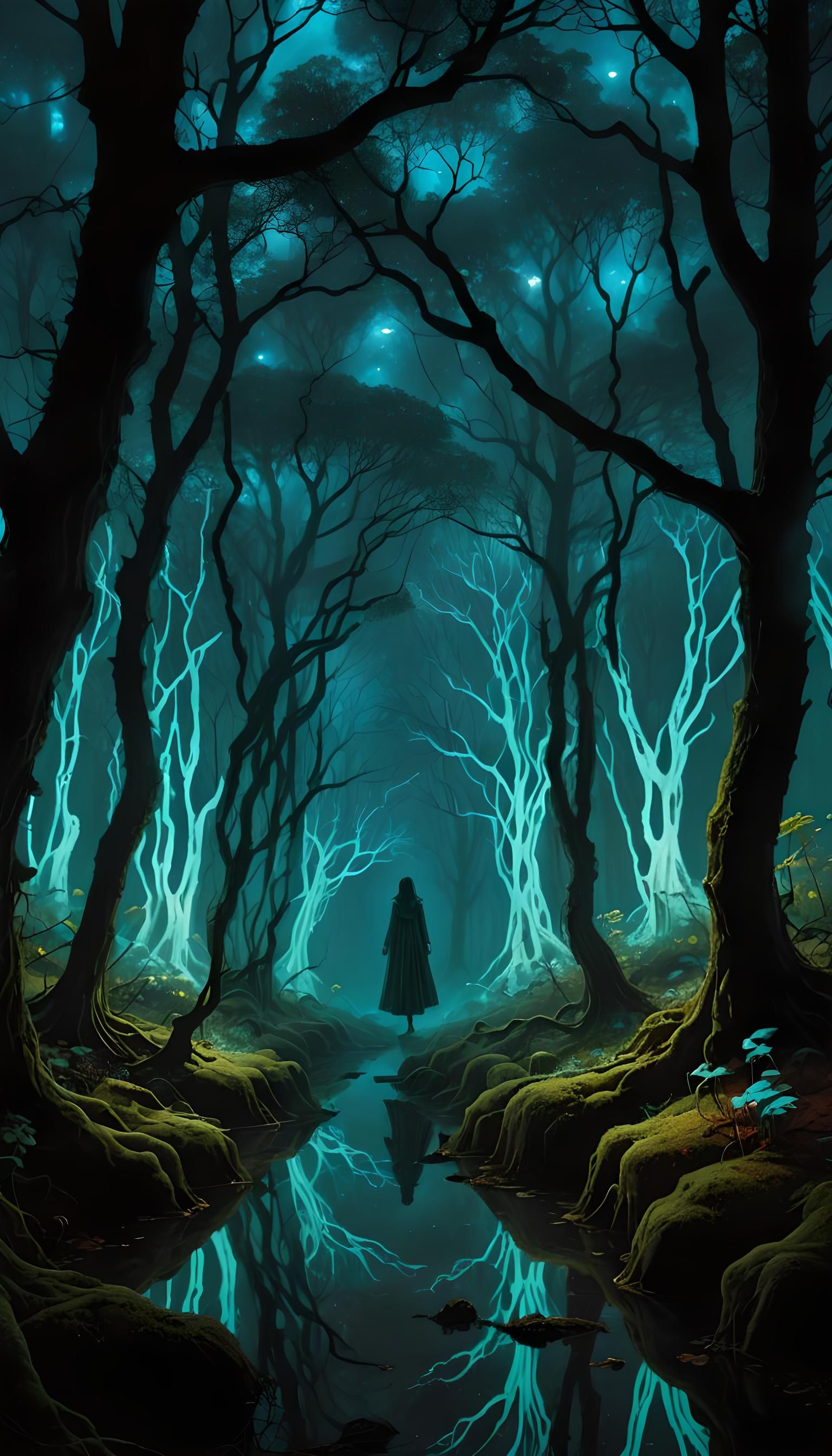 Bioluminescent Ghost Forest in Spooky Underworld