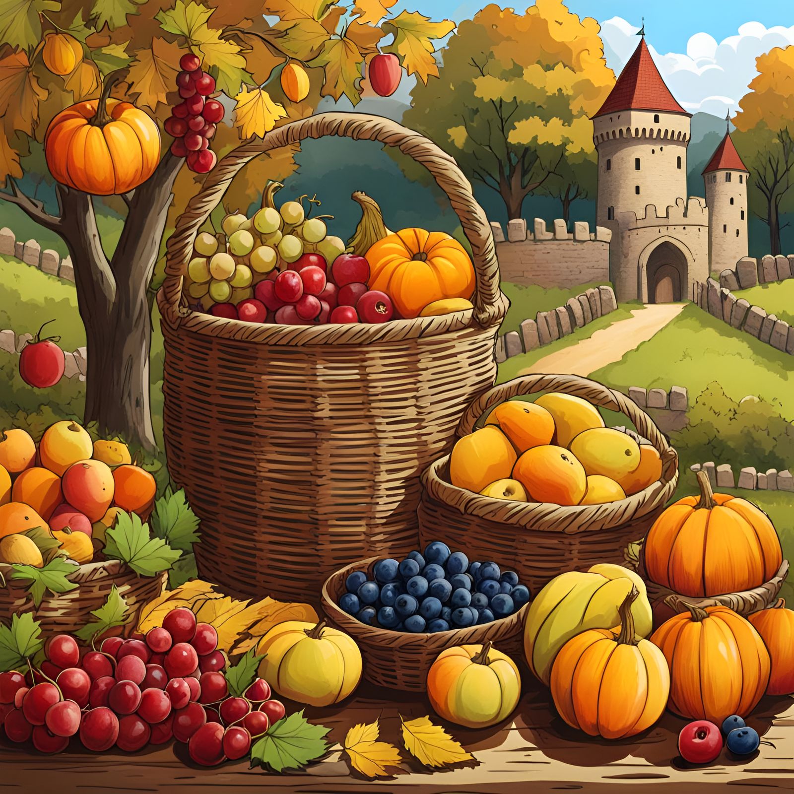 Medieval Fall Harvest Sketch with Fruit Baskets