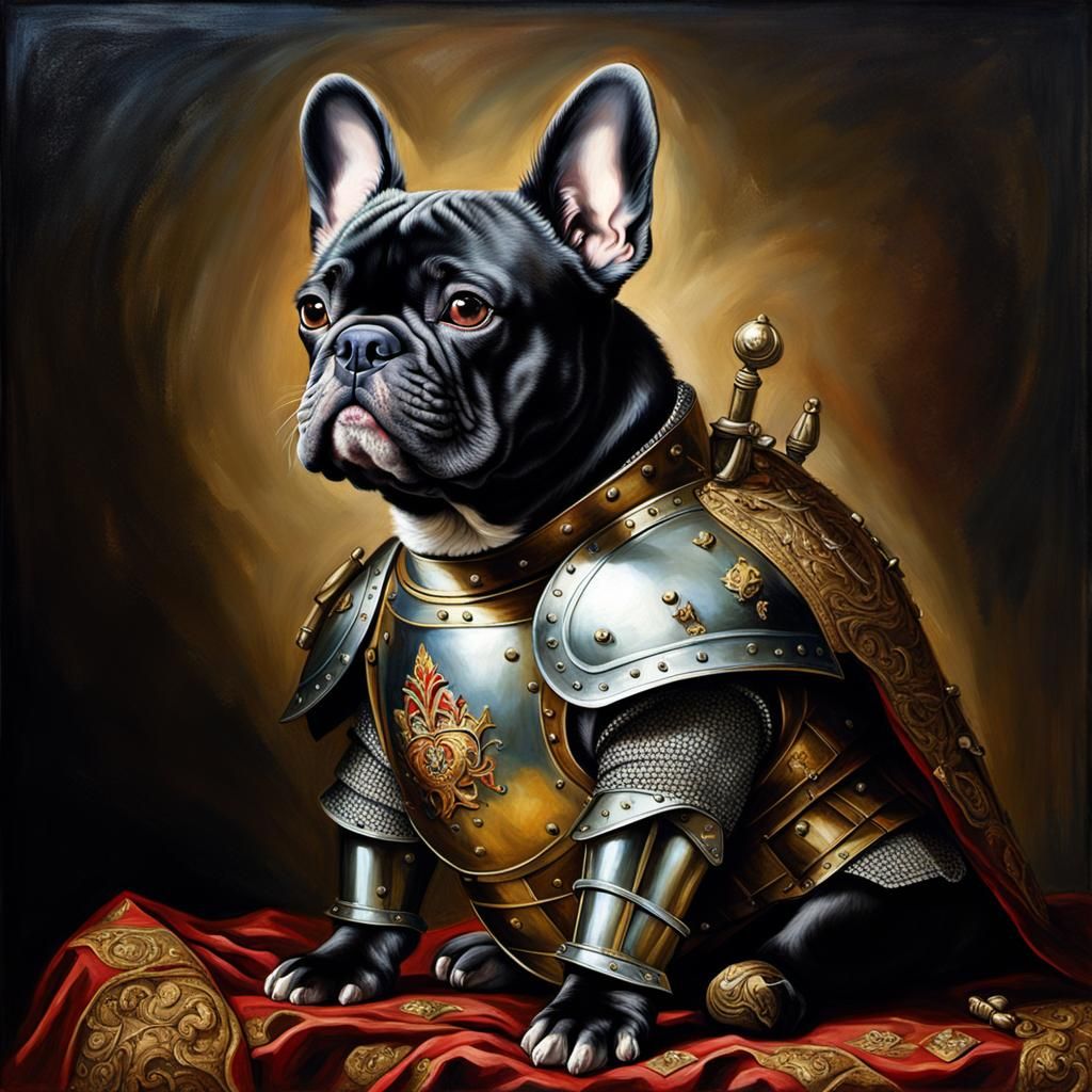 Realistic oil painting of a french bulldog dressed in mediev...