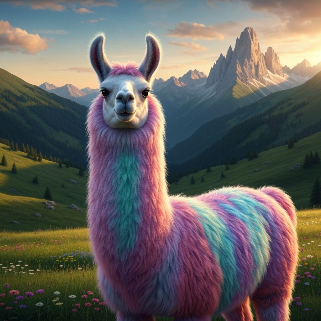 Rainbow Llama in Mountain Landscape, Hyperrealistic Art