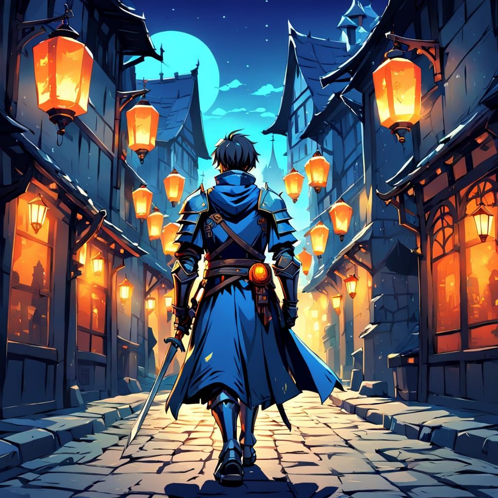 Knight in Medieval Cityscape, Anime Style