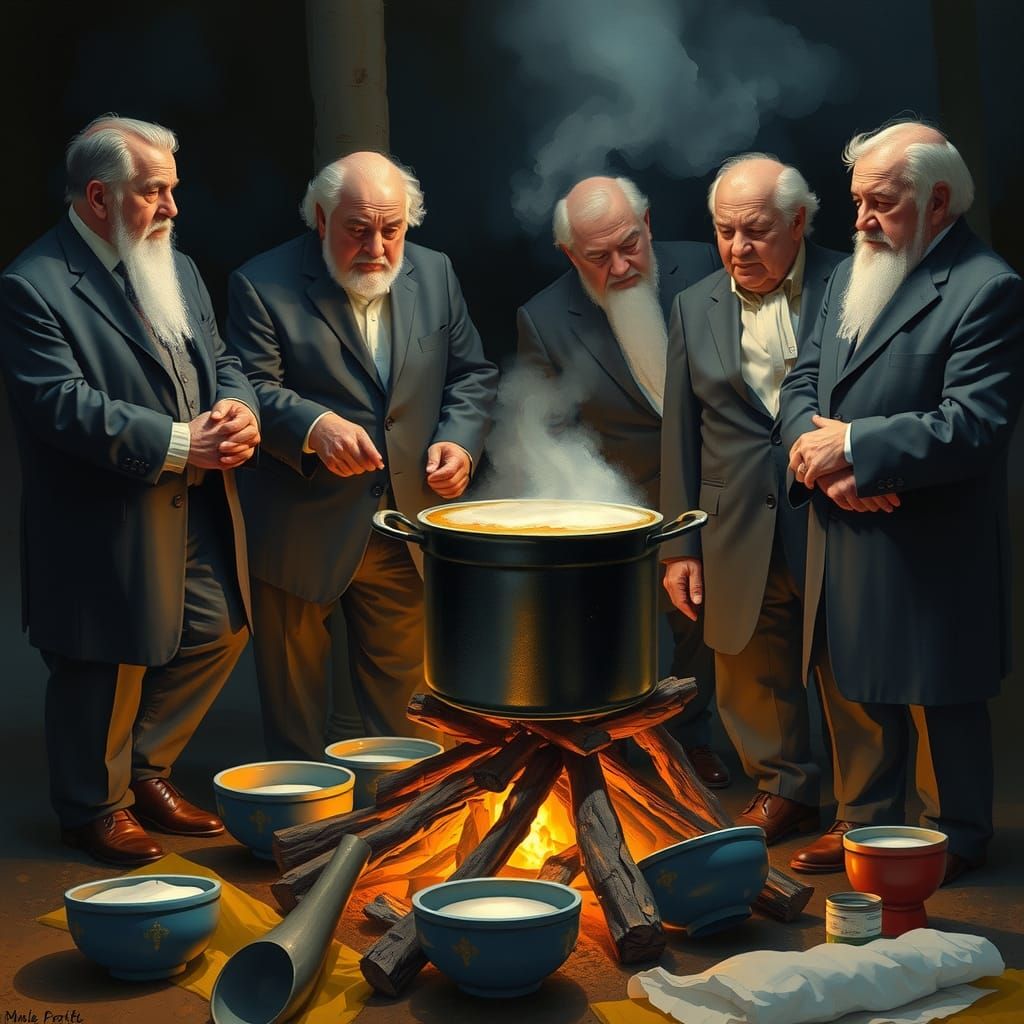 Lebanese Men Observe Soup, Watercolor Art Style