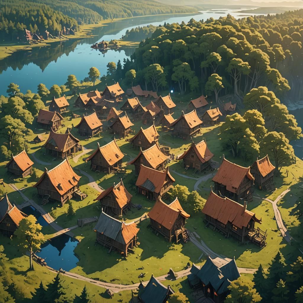 Viking Village in Forest Clearing: Fantasy Art