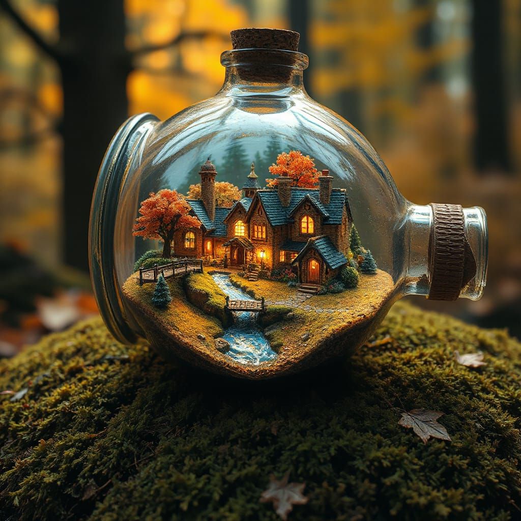 Miniature Autumn Village in a Bottle, Luminous Fantasy Art