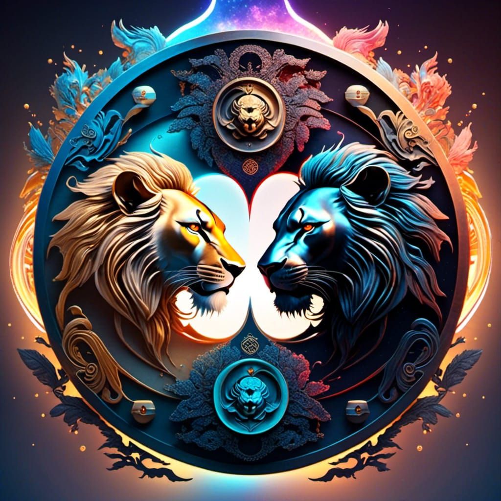 Lion Faced Yin Yang Symbol with Intricate Designs