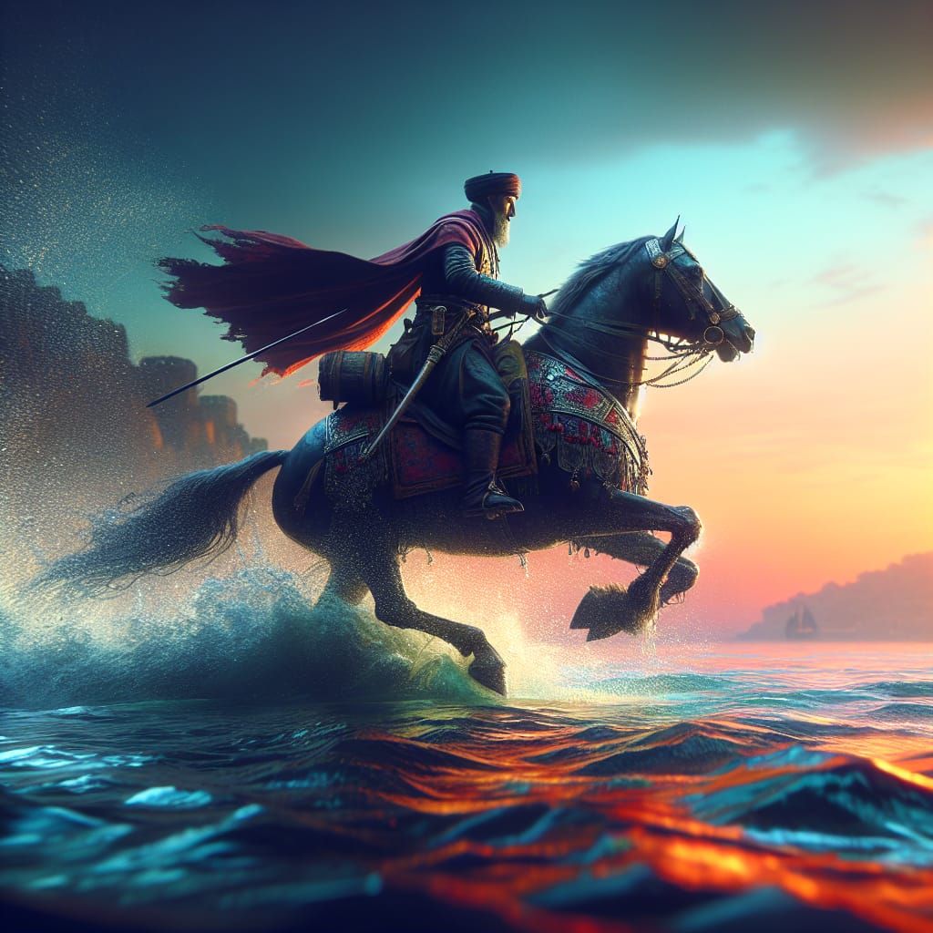 Ottoman Soldier Rides Horse on Shoreline, Splash Art