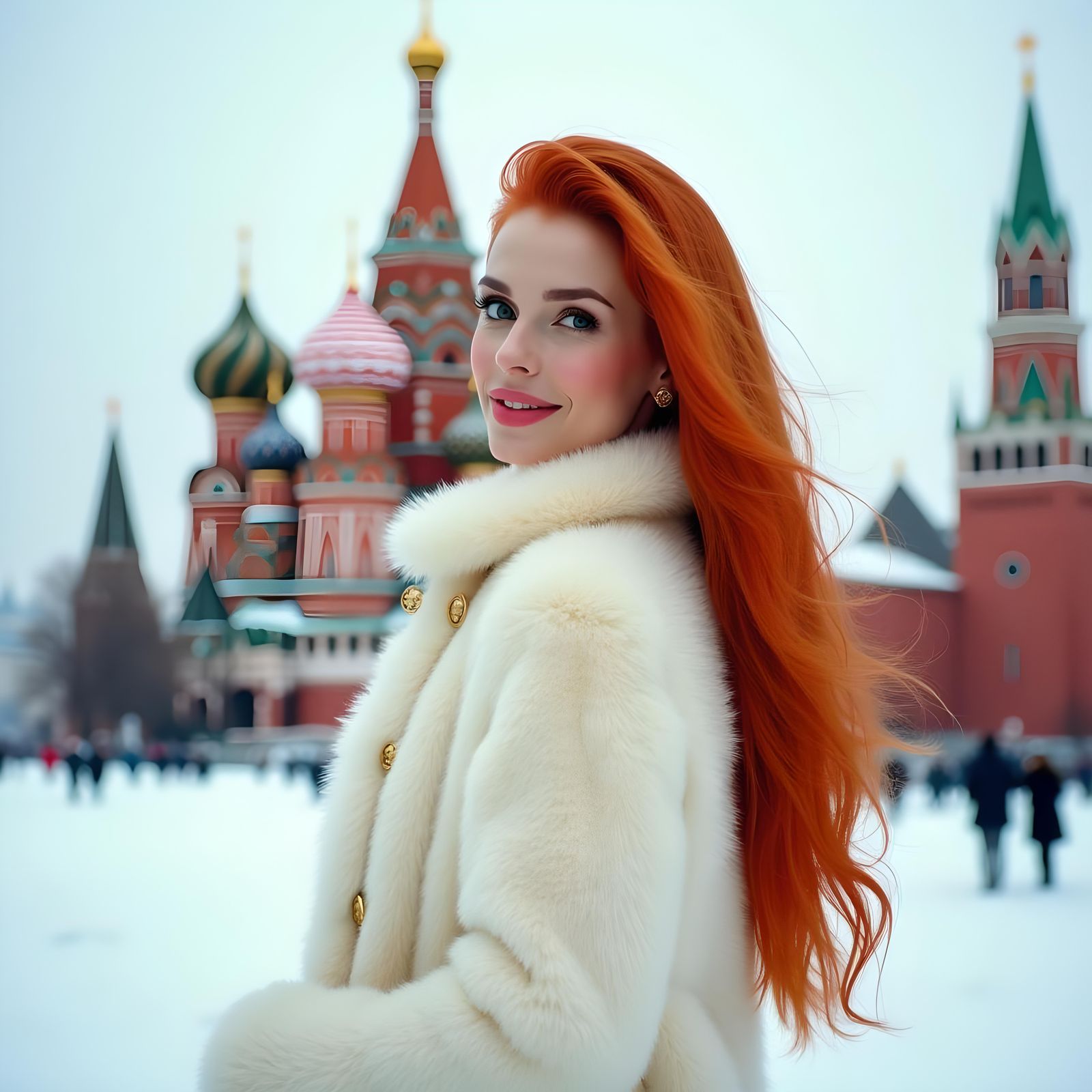 Cheerful Woman in Snowy Red Square, Moscow