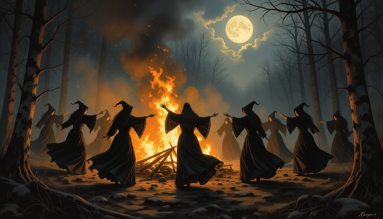 Eerie Witches Dance in Dark Forest Oil Painting