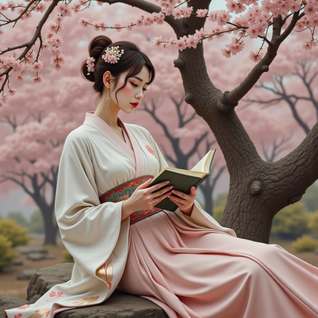 Elegant Samurai Maiden Amidst Cherry Blossoms in Soft Pastel...