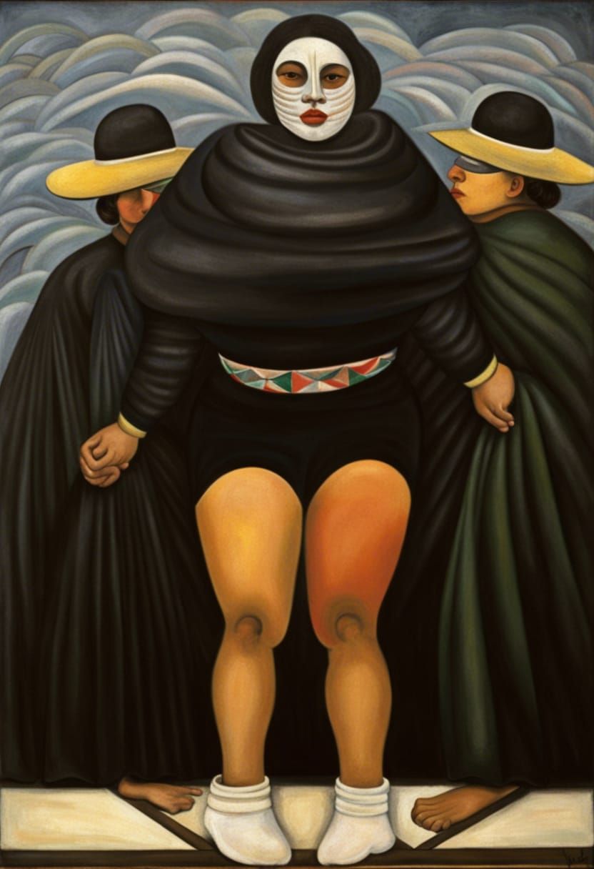 Powerful Wrestler in Arena, Muralist Style