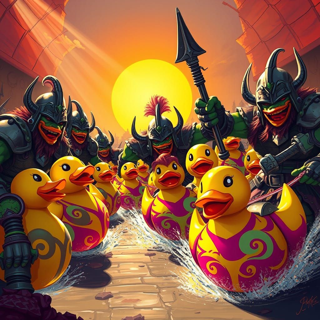 Orcs Joust on Vibrant Rubber Duckies in a Sunlit Arena