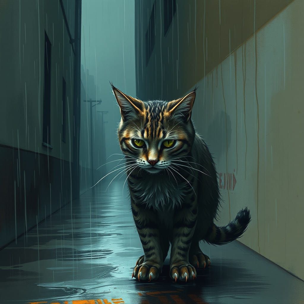 Mournful Feline in Rainy Alleyway, in Moody Cyberpunk Style
