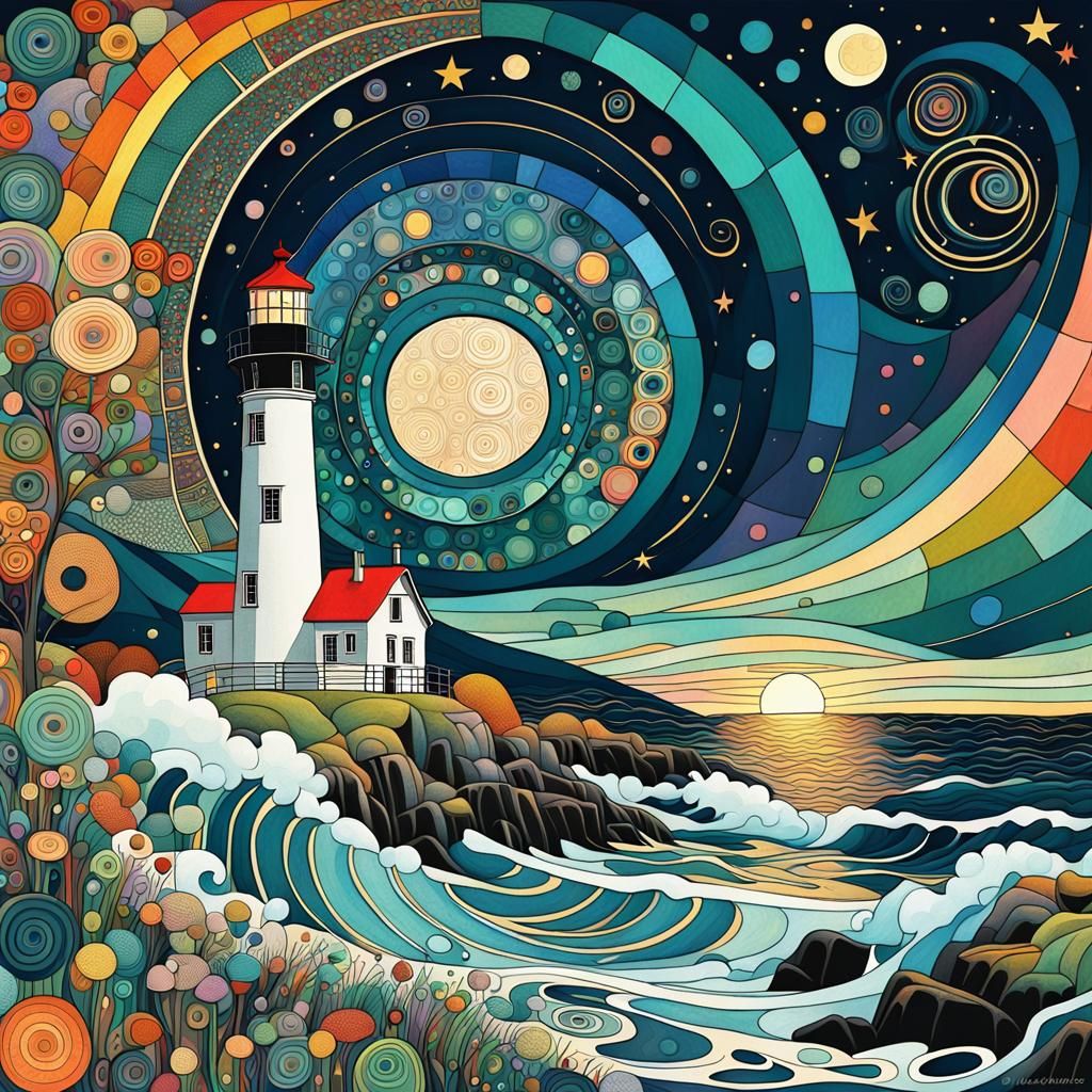 Celestial Lighthouse in Cubist Art Deco Style