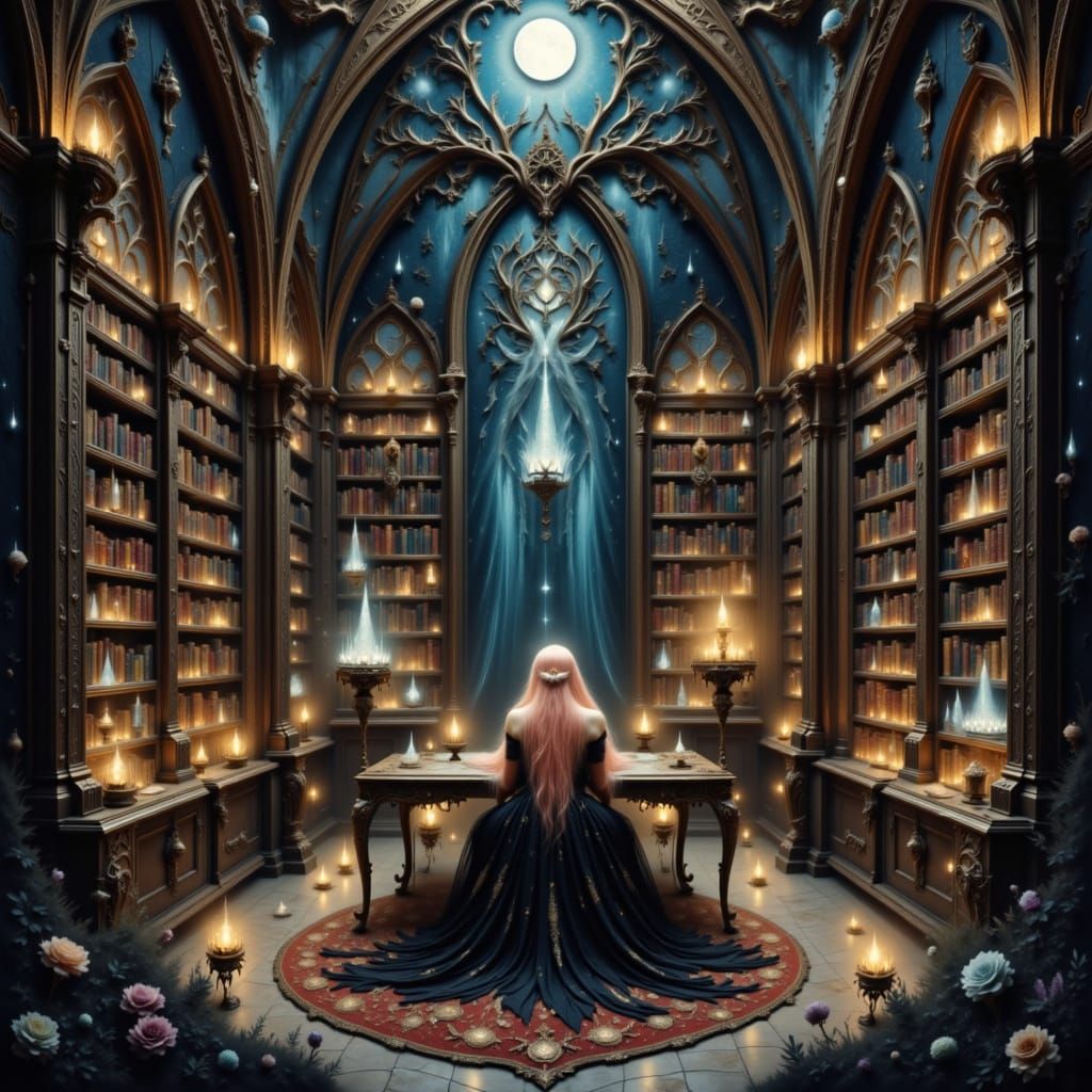 Celestial Librarian in Gothic Cathedral, Art Nouveau Style