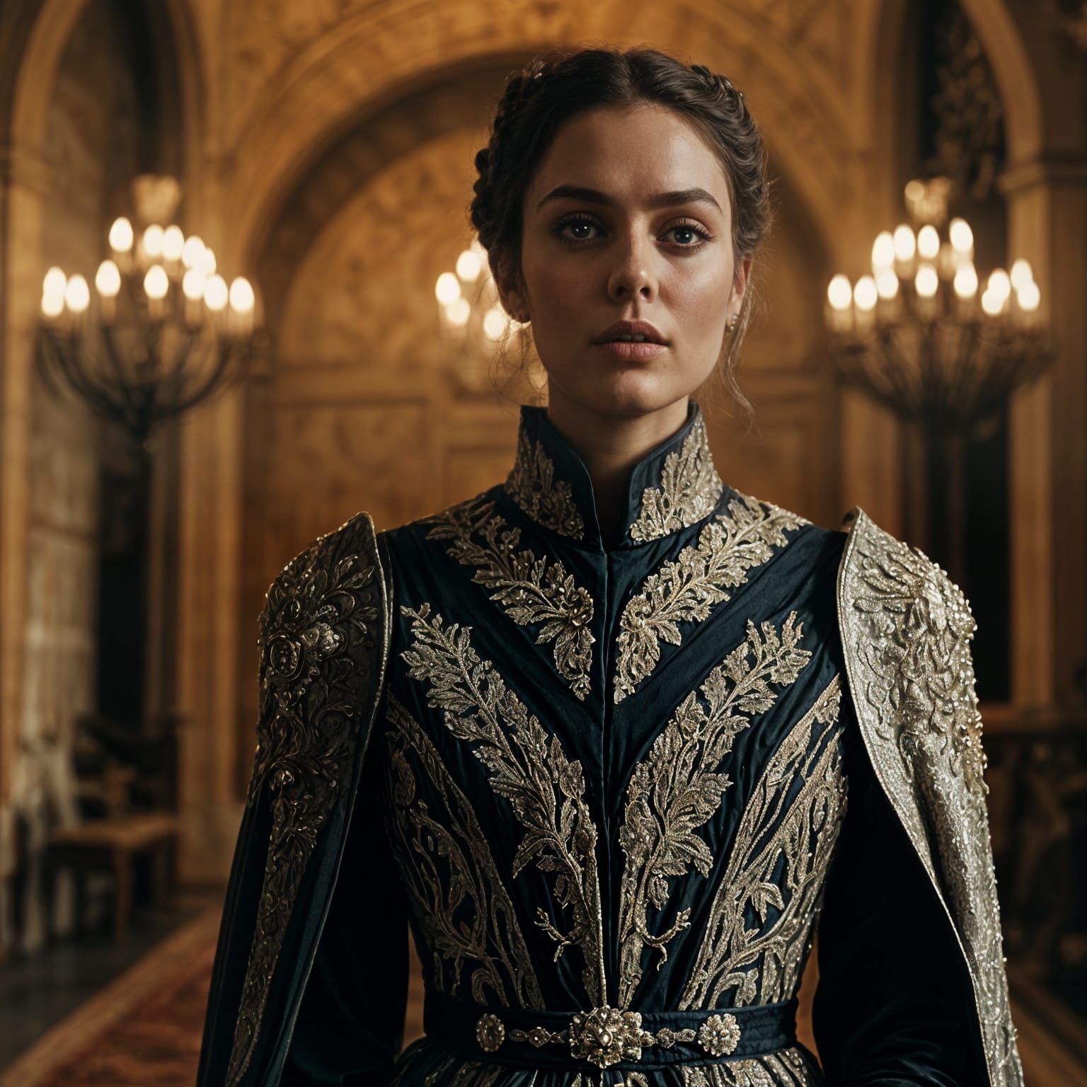 Cinematic film still. Medium shot. A woman dressed in Game o...