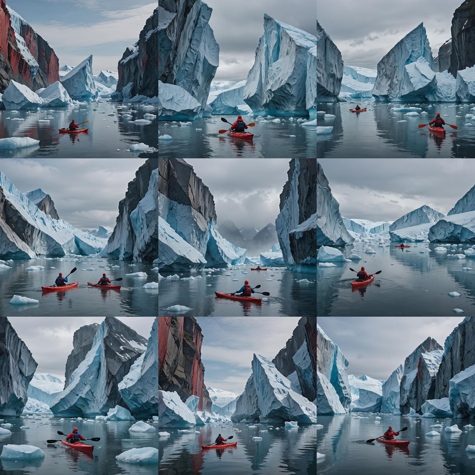 Cinematic film still. Medium shot. A kayaker in vibrant red ...