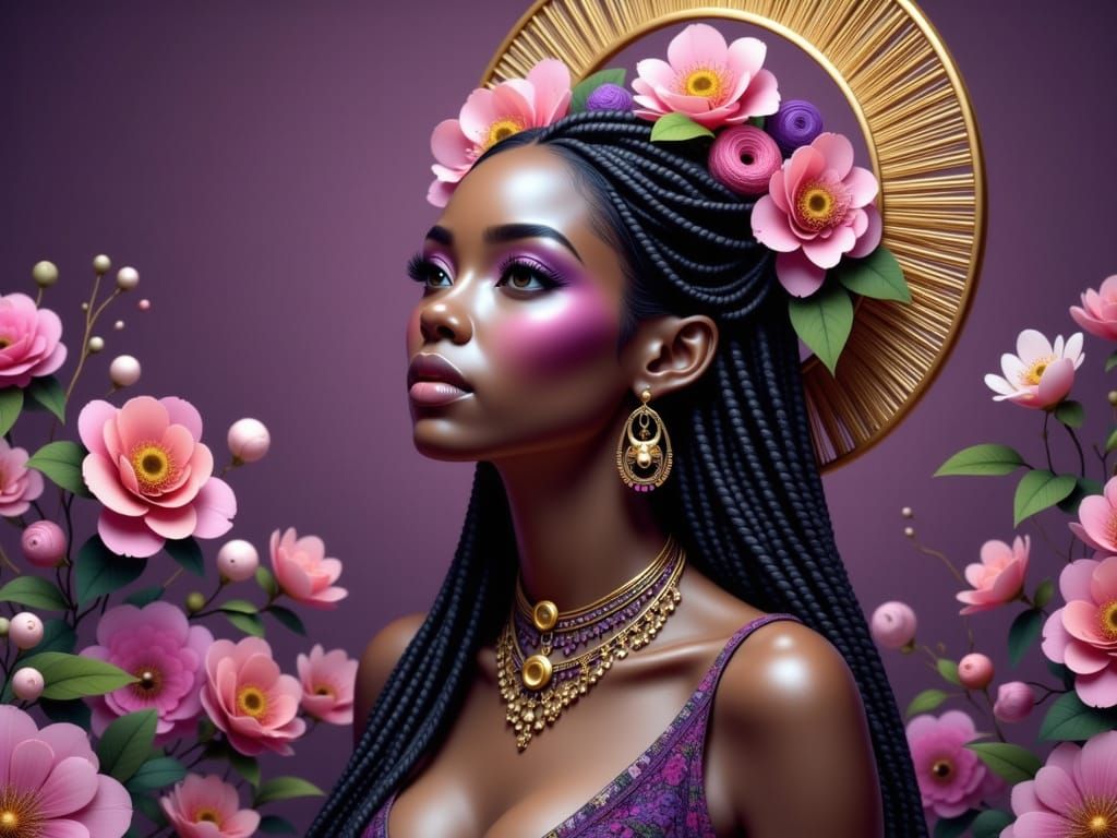 Vibrant African Goddess Blooms with Flowers in Golden Crown