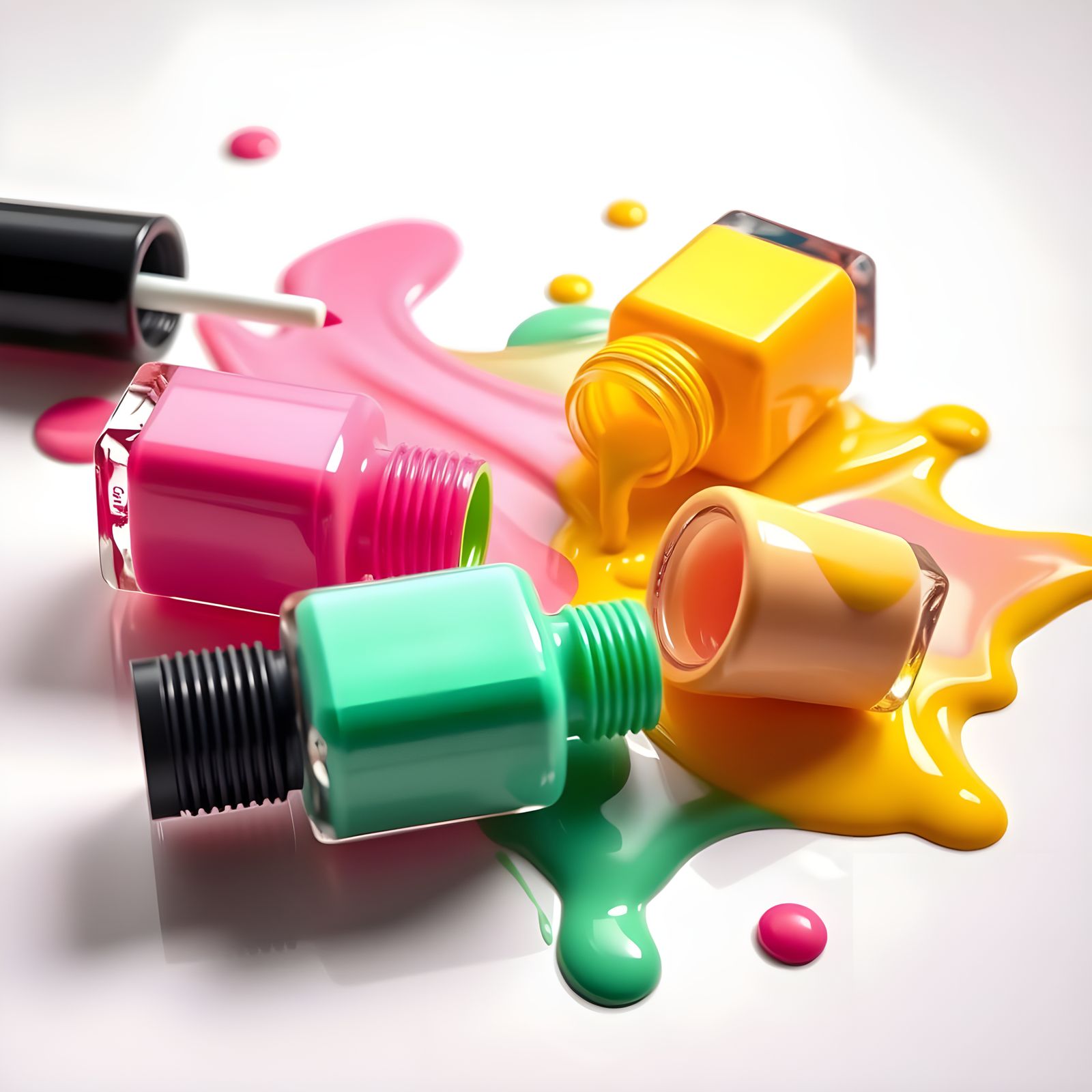 Colorful Nail Polish Bottles Spill onto High-Gloss Surface i...