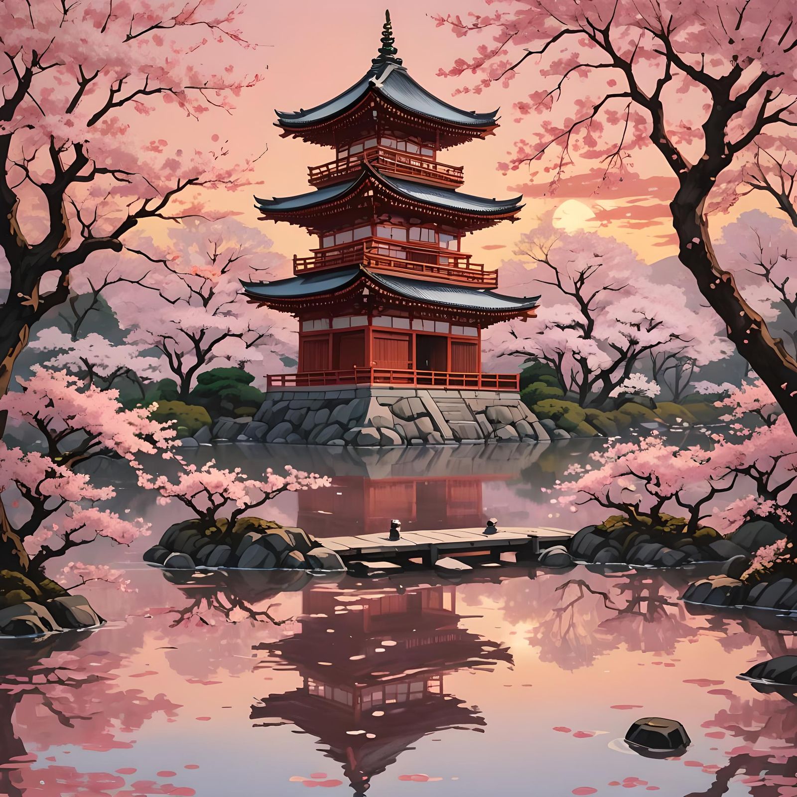 The Pink Pagoda with Cherry Blossoms in the style of Katsush...