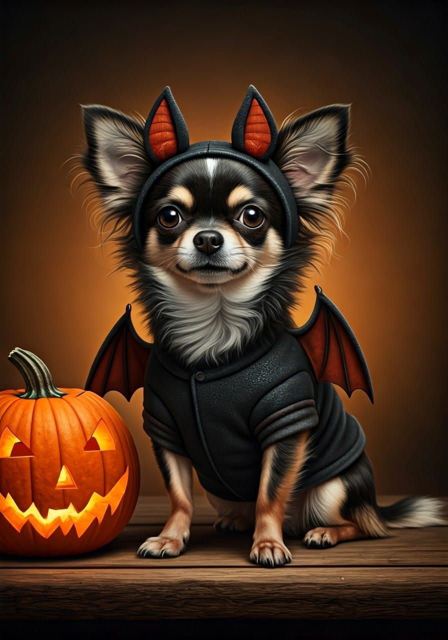 Chihuahua in Bat Costume, Hyperrealistic Digital Art
