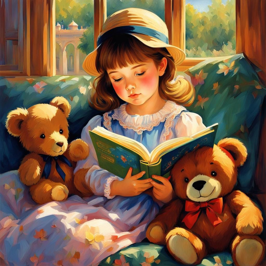 Girl Reading to Teddy Bear in Anime Style
