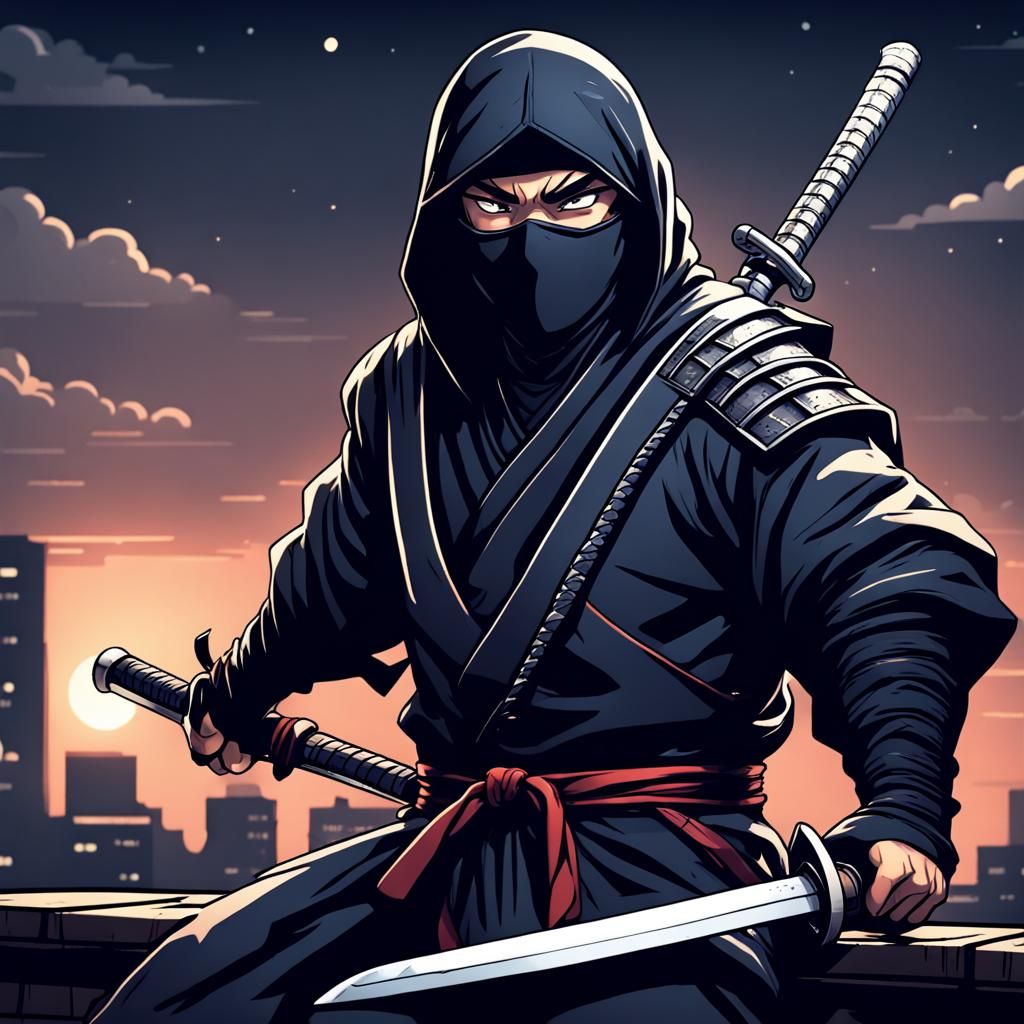 Ninja Warrior with Sword at Night, Detailed Comic Art