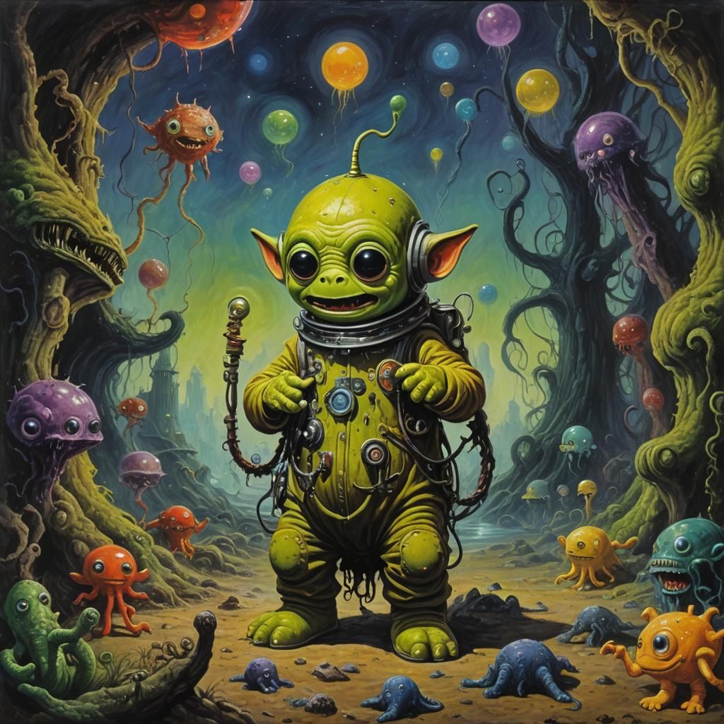 Eldritch 1970s Lovecraftian Teletubby Oil Painting