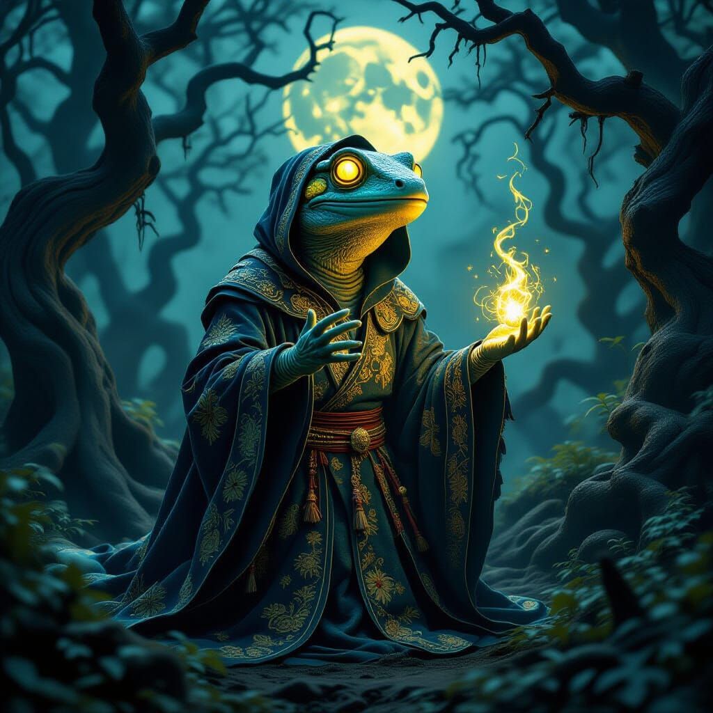 Mystical Salamander Incantation in Dark Forest
