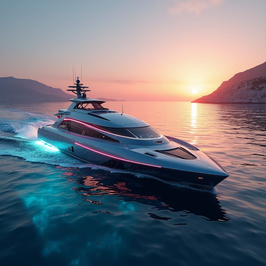 Futuristic Yacht Sailing Greek Islands at Sunset