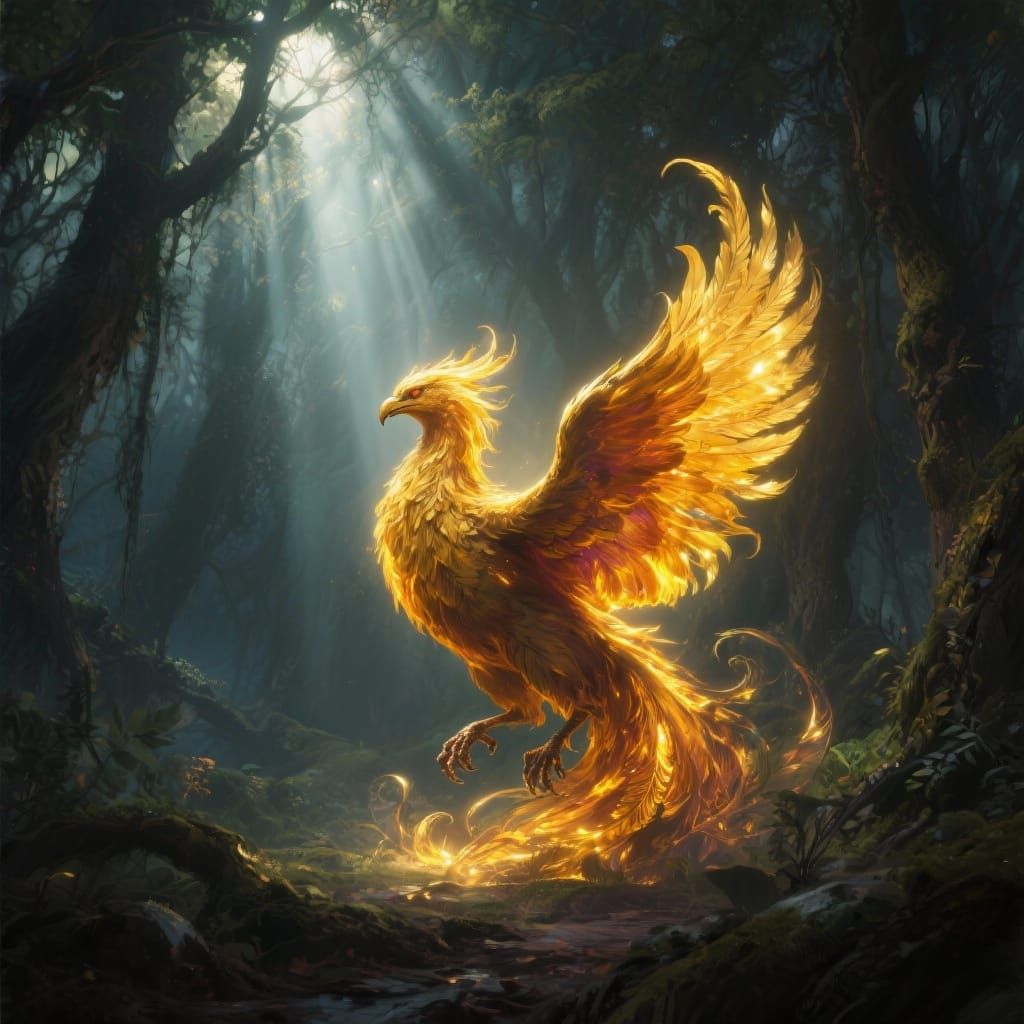 Radiant Phoenix Reborn in Sunlit Ethereal Forest