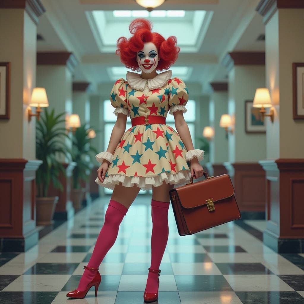 Young Female Clown in Office, Matte Painting Style