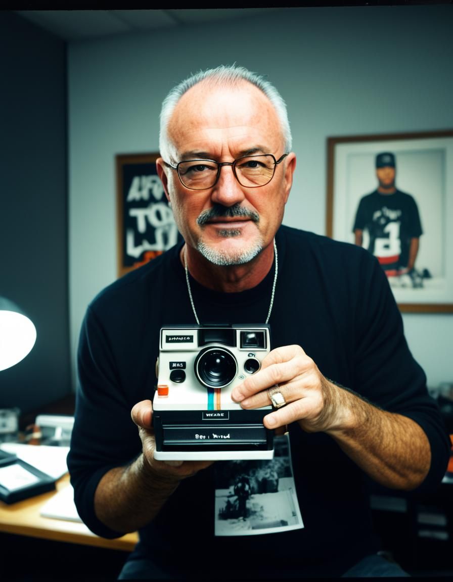 Artist Posing with Polaroid Camera in Sci-Fi Style