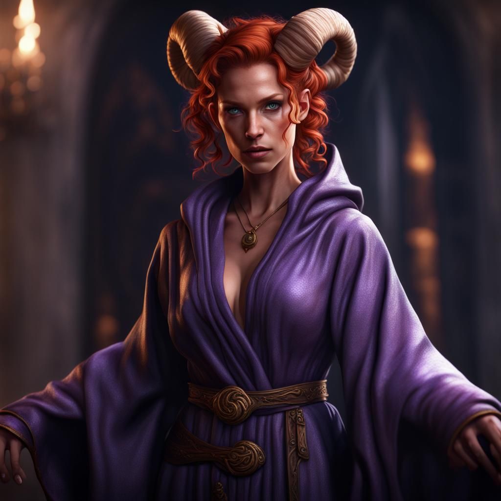 Tiefling with Violet Robe, Detailed Fantasy Art