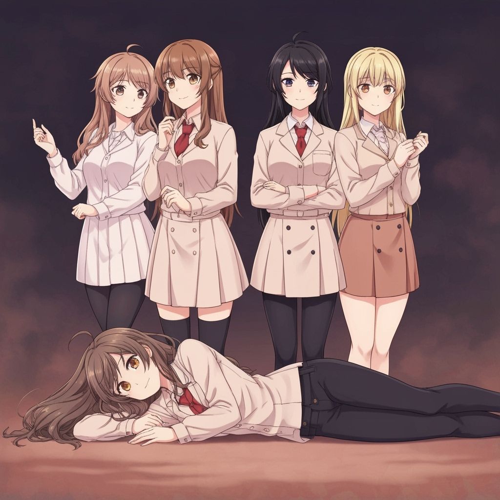 Four Anime Girls: Three Standing, One Lying Down