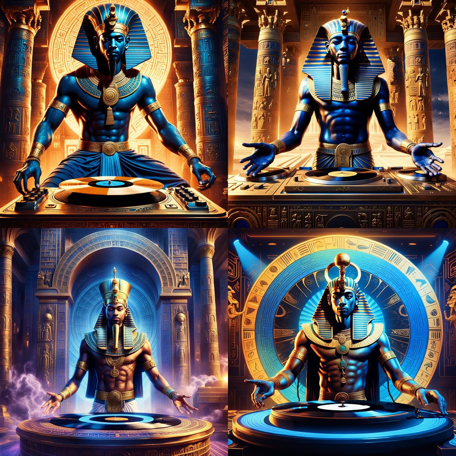 Egyptian God Spinning Vinyl in a Fantastical DJ Setting