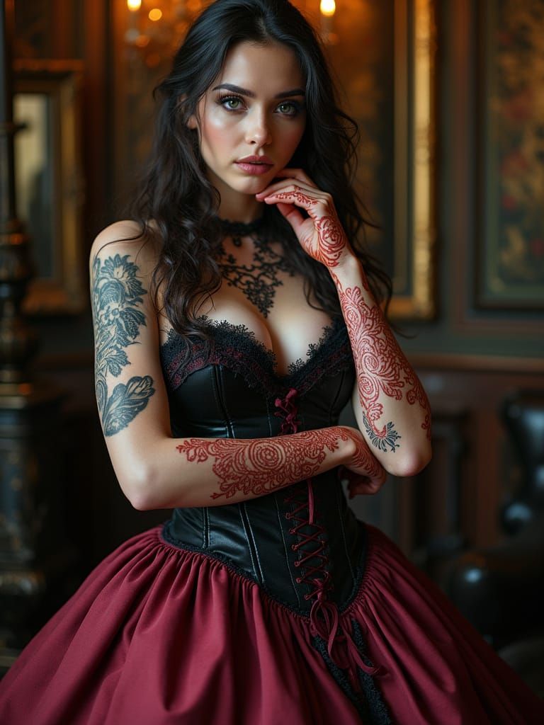 Gothic Beauty Adorned with Intricate Henna Tattoos