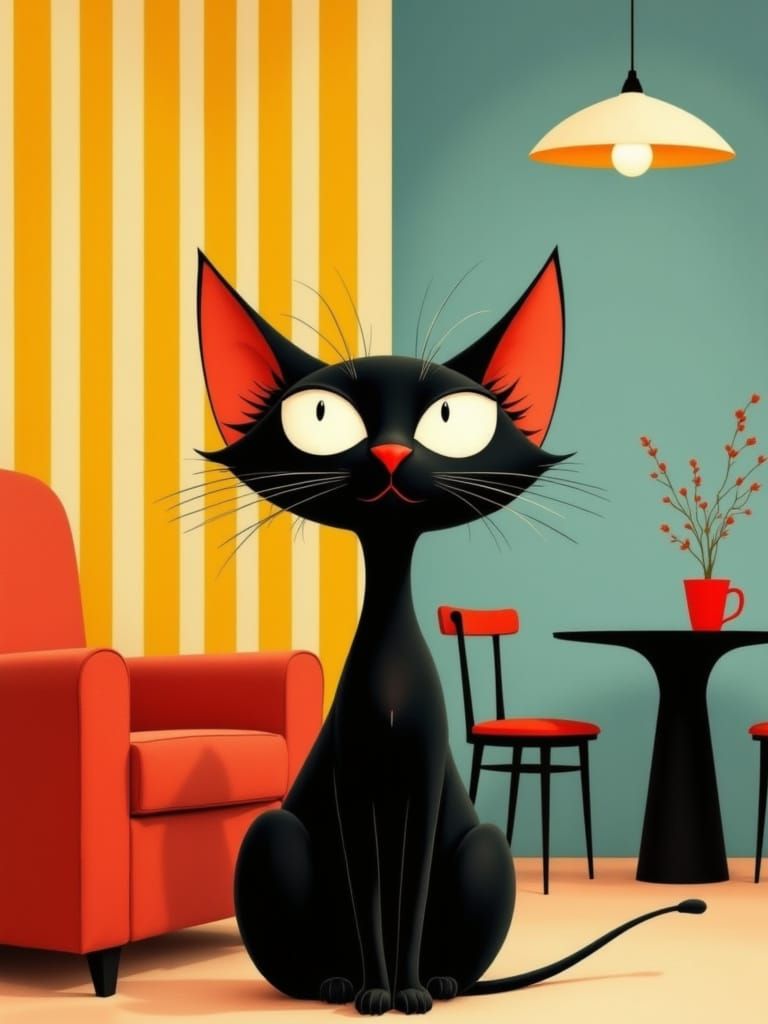 Whimsical Black Cat in Mid-Century Modern Interior