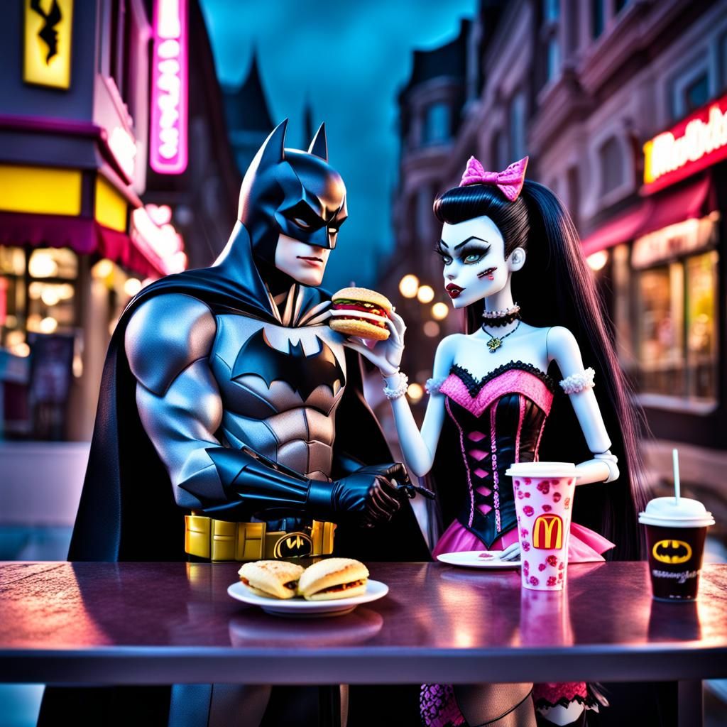 batman and monster high draculaura eating mcdonald’s together on a romantic date