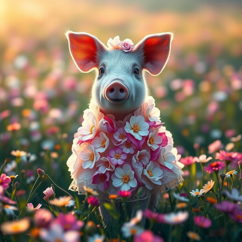 Ethereal Pig in Whimsical Floral Gown