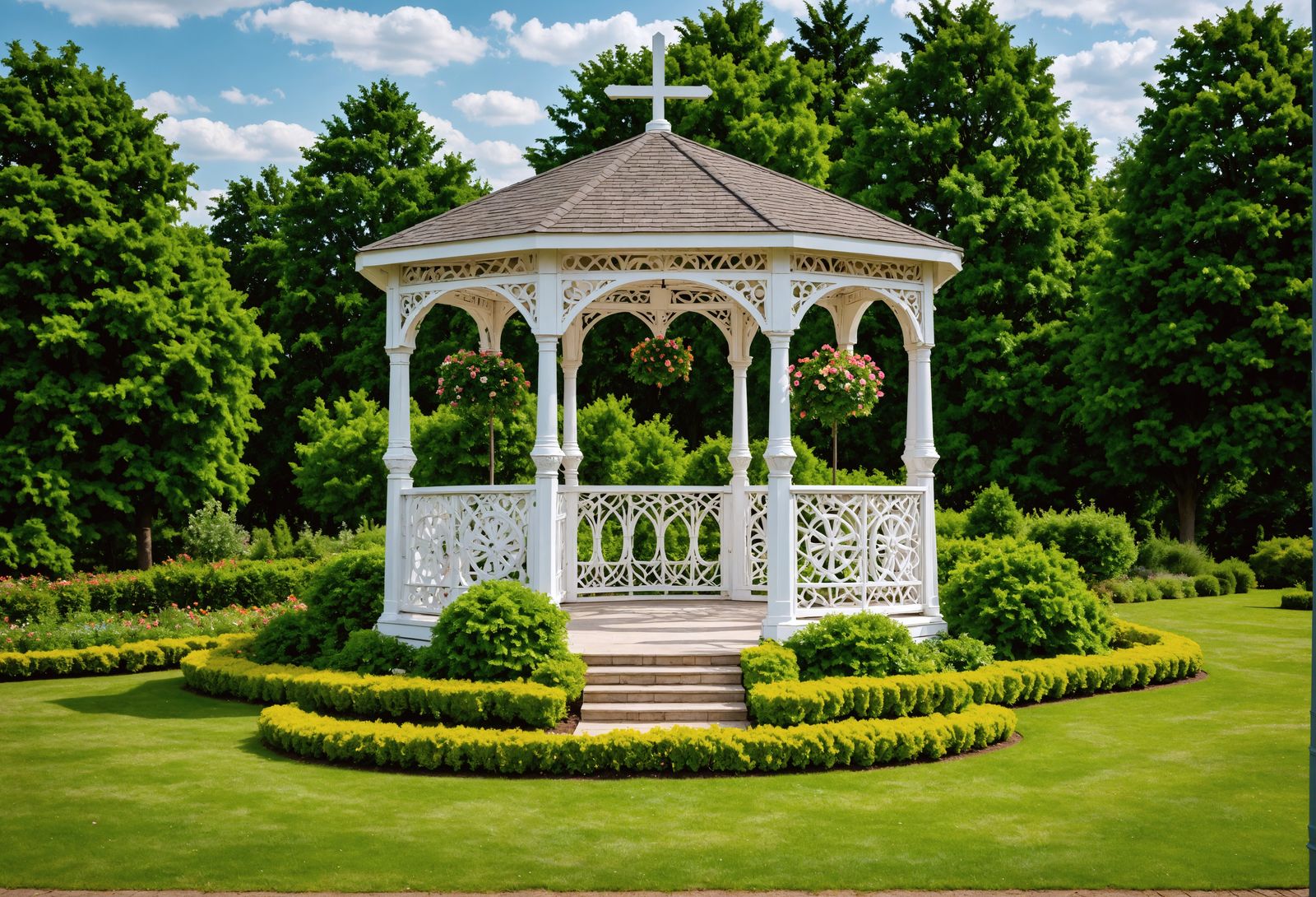White Gazebo with Cross in Garden Park